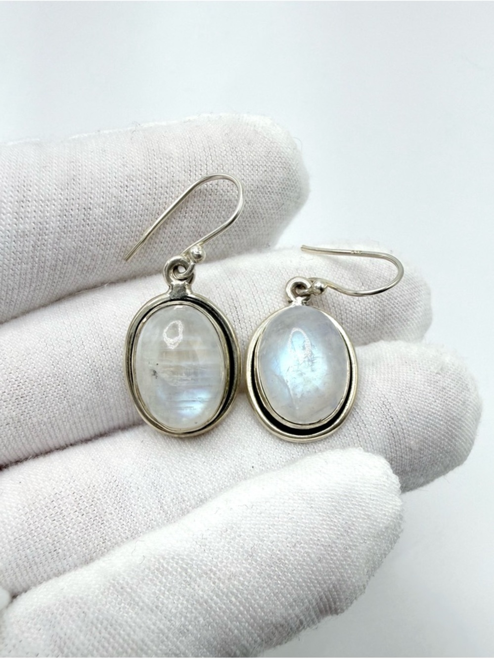Rainbow Moonstone .925 Sterling Silver Oval Dangle Earrings